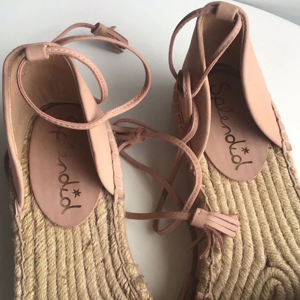 Splendid light Pink Espadrille tassels raffia platform flat ankle wrap Sandals